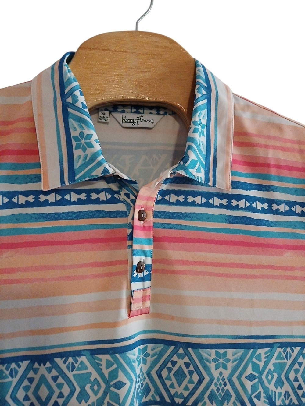 Kenny Flowers Polo Shirt Men M Blue Aztec Print Short Sleeve Golf XL